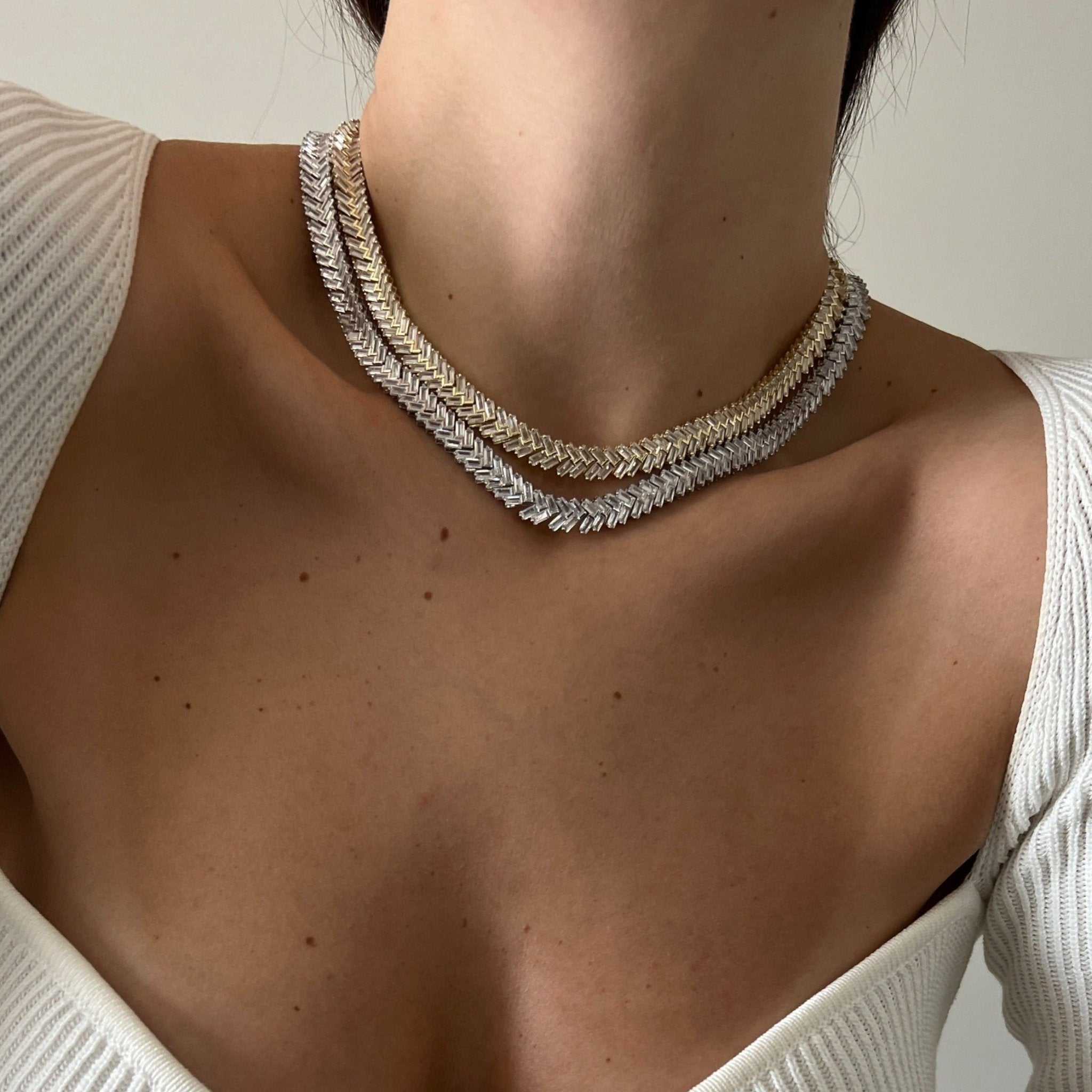Amor Sui Zipper Baguette Necklace Choker IceLink-ATL 14K Gold Plated 16" 